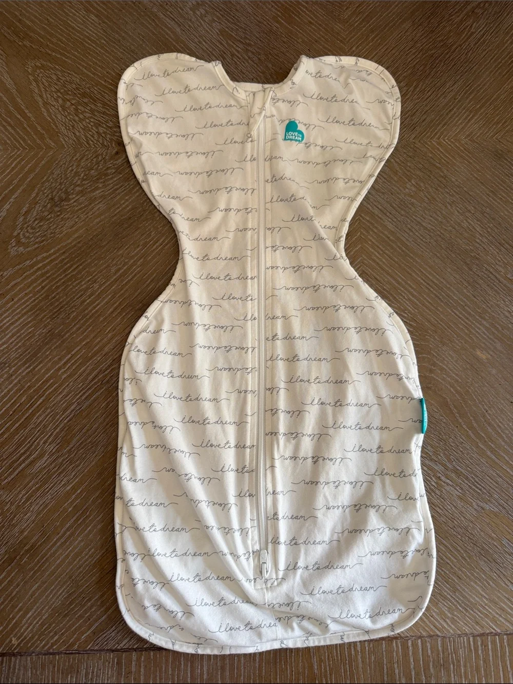 Love to Dream Cream Script Swaddle Sleep Sack - double zipper